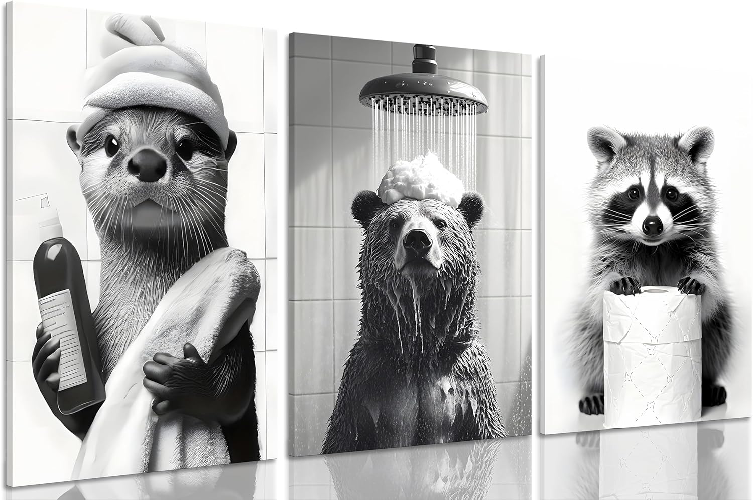 Regine Switzerland 3-Pc Black & White Animal Bathroom Wall Art - Cute Bear & Raccoon Prints