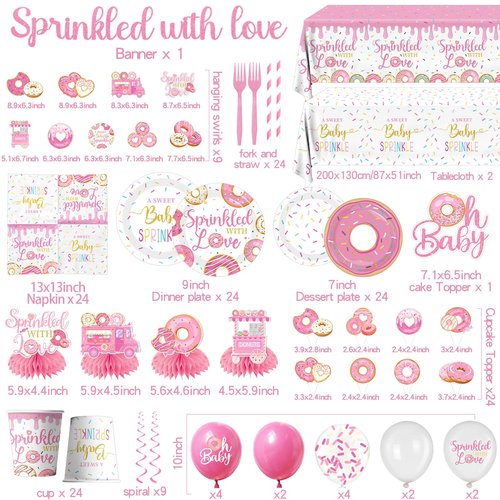 Baby Sprinkle Decorations for Girl, Sprinkled with Love Baby Shower Supplies Donut Plates Napkins Cups Tablecloth Banner Cake Topper, Honeycomb Centerpieces for Pink Donut Baby Shower Decorations