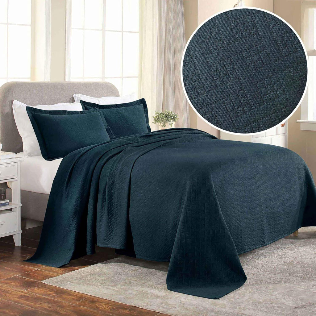 Superior Basketweave Cotton 2 Piece Bedspread Set, Home Bed Decor, Decorative Textured Bed Spread, 1 Pillow Sham, Airy Blanket, Matelasse Coverlet Bedding, Lattice Pattern, Twin, Deep Sea