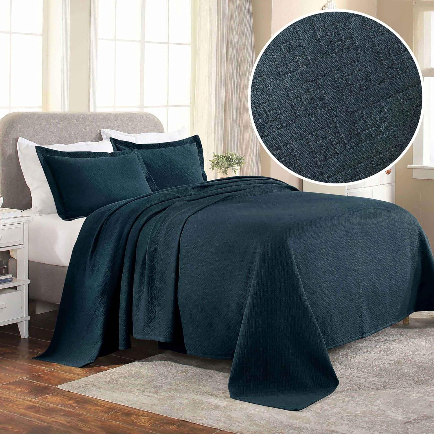 Superior Basketweave Cotton 2 Piece Bedspread Set, Home Bed Decor, Decorative Textured Bed Spread, 1 Pillow Sham, Airy Blanket, Matelasse Coverlet Bedding, Lattice Pattern, Twin, Deep Sea