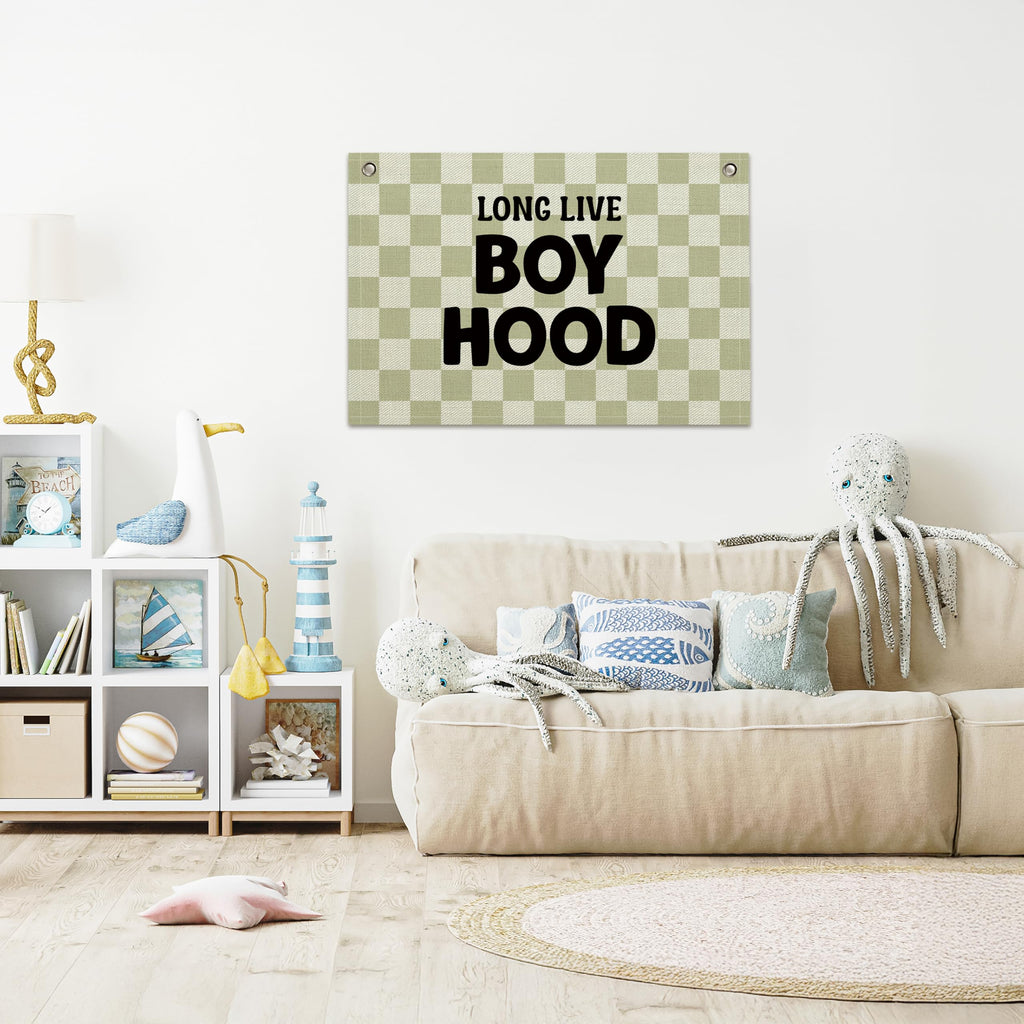 Long Live Boyhood Banner – Boy Room Decor Linen Banner Hanging Flag Retro Pink for Nursery Playroom Wall Art Decor for Kids Bedroom Dorm Toddler Decorations (Green Plaid2)