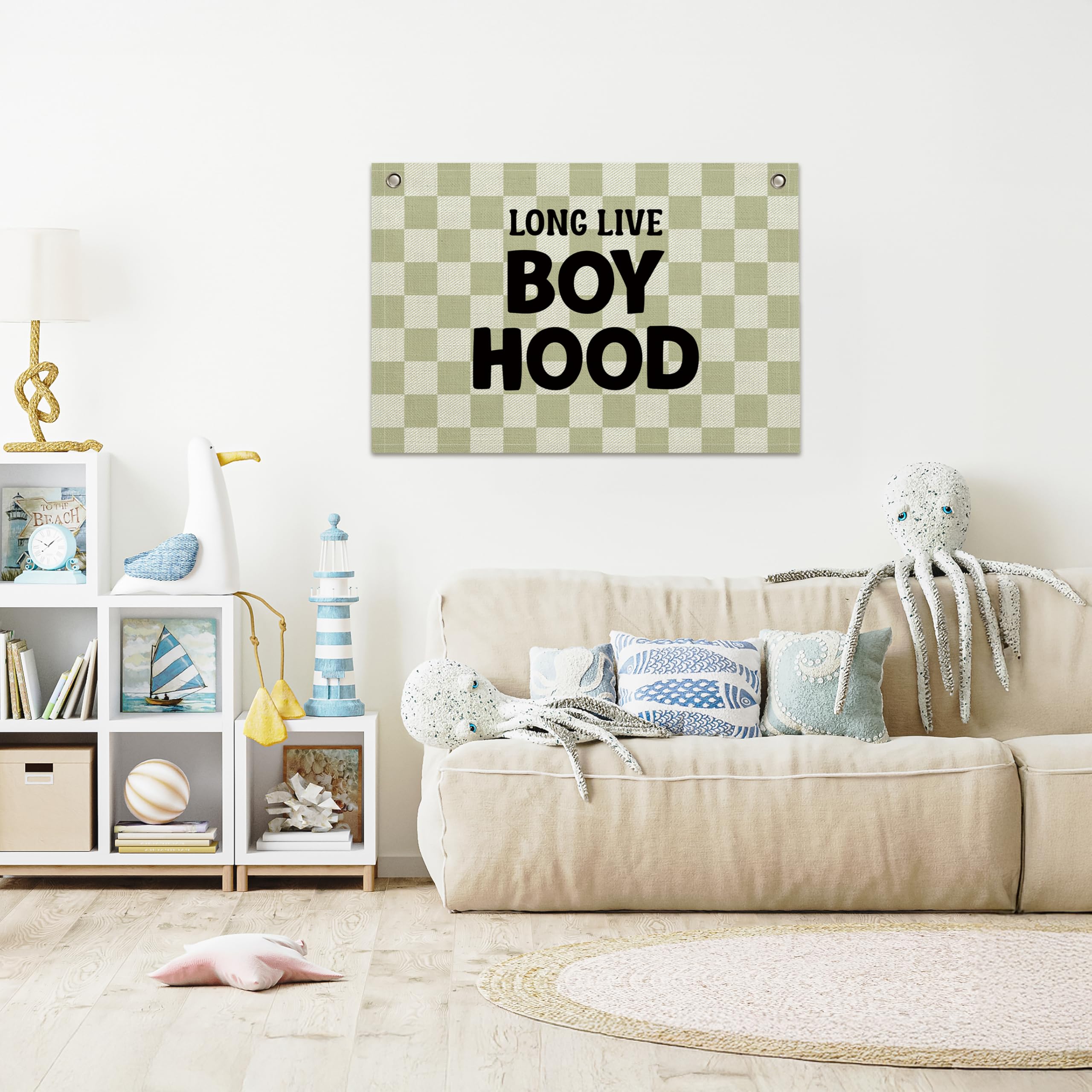 Long Live Boyhood Banner – Boy Room Decor Linen Banner Hanging Flag Retro Pink for Nursery Playroom Wall Art Decor for Kids Bedroom Dorm Toddler Decorations (Green Plaid2)