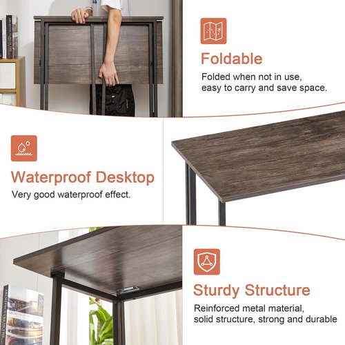 VECELO Folding Desk 31.5 Inch Writing Desk Home Office Sturdy Steel Laptop Table for Home Office Work Classic Brown