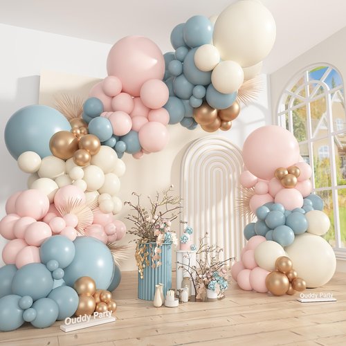 Ouddy Party 149Pcs Blue and Pink Balloon Arch Garland Kit Different Sizes 18 12 10 5Inch, 6Pcs 18’’ Dusty Pink Blue Sand White Gold Balloons for Boy Girl Boho Birthday Party Decorations