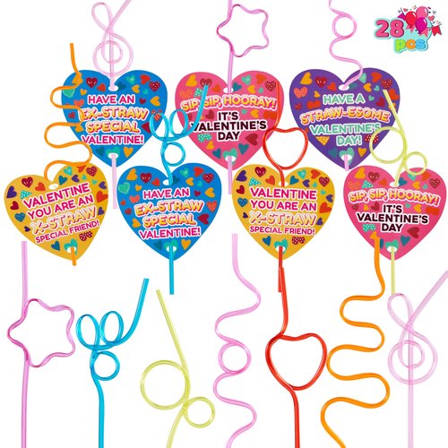 JOYIN 28 Pack Valentines Day Gift Cards with Gift Colorful Crazy Loop Reusable Drinking Straws for Classroom Exchange Prizes, Valentine Party Favors Toy