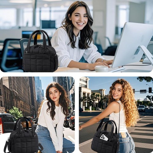 LEDAOU Insulated Lunch Box for Women Black Adult Girls Lunch Bag Quilted Puffer Lunchbox with Adjustable Strap Reusable Lunch Bags for Work School Picnic Travel