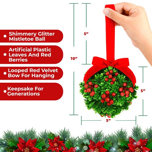 5" Glitter Mistletoe Kissing Ball Christmas Ornament - Hanging Mistletoe Decoration for Doorway - Kiss Mistletoe Ornament - Christmas Mistletoe Ball with Red Berries Friendship Holiday Decoration