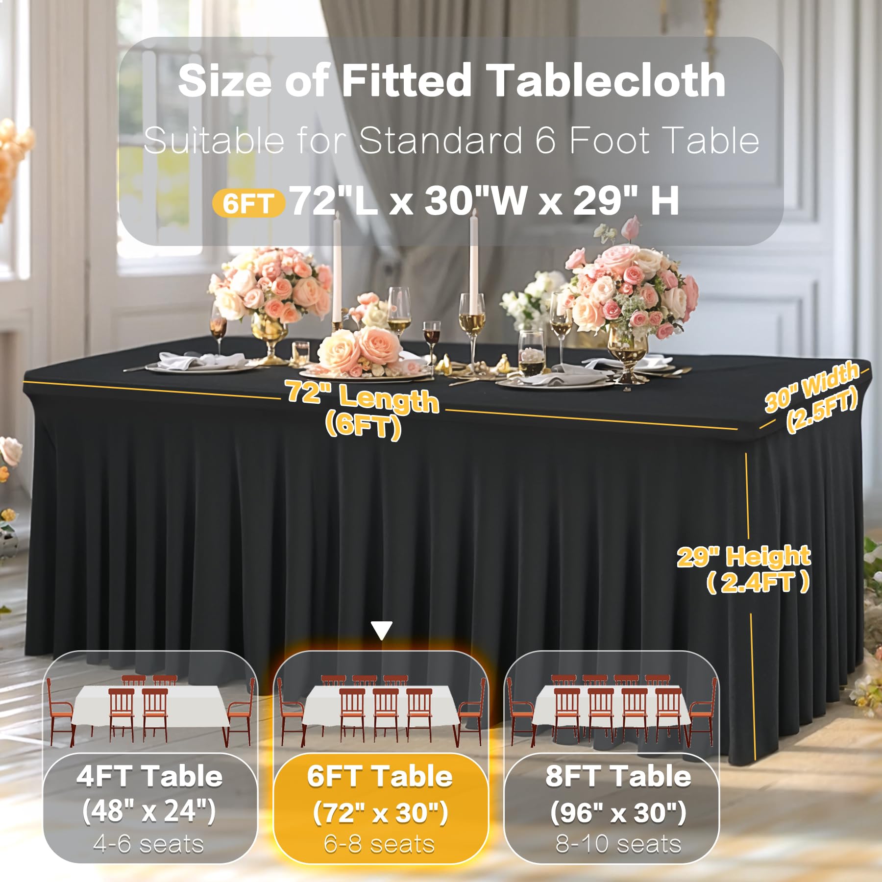 Shillance 6 Packs Black Spandex Table Covers 6 Foot, Fitted Stretch Table Cloth with Skirts 72x30 Inch, Wrinkle-Free Floor Length Rectangle Tablecloths for Trade Show Weddings Parties Banquets Events