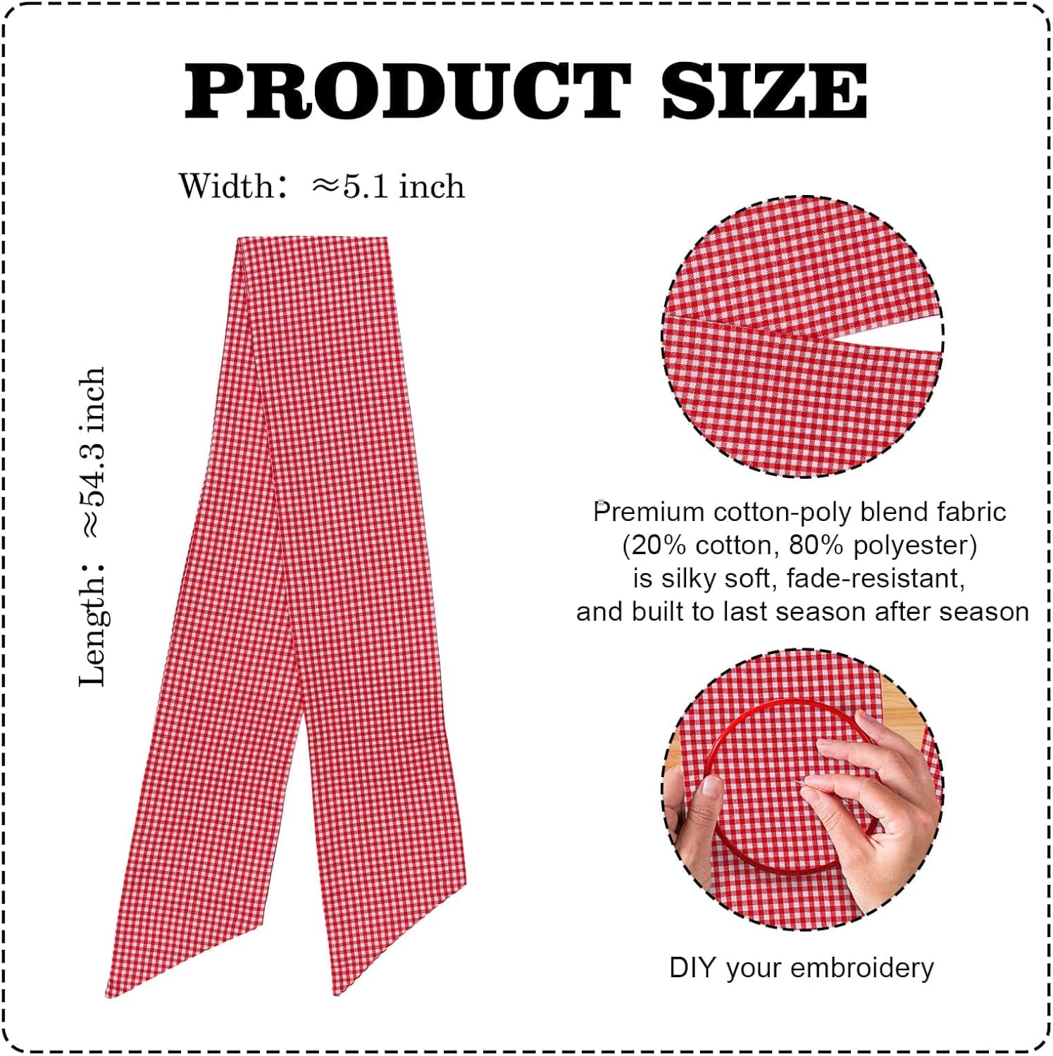 YKW Red & White Gingham Wreath Sash - 5.12" x 54.33" Decorative Ribbon for Christmas & Weddings