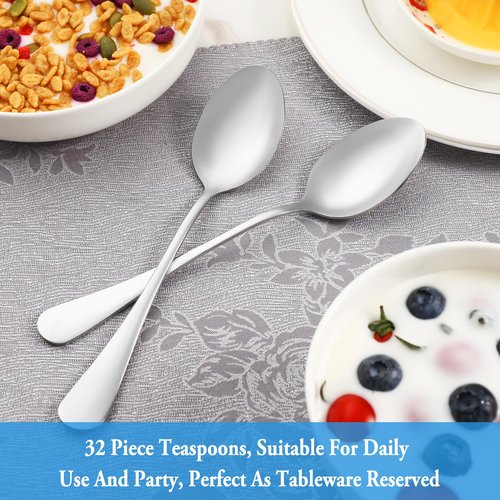 32 Pcs Teaspoons Set, Food Grade Stainless Steel Tea Spoons, Durable Small Spoons, Metal Dessert Spoon, Spoon Silverware for Home, Kitchen or Restaurant, Mirror Polished & Dishwasher Safe, 6.7-Inch