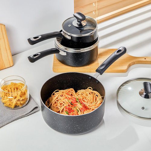 RATWIA Nonstick Saucepan Set - 3-Pieces Pot Set 1 Quart & 2 Quart & 3 Quart,Ultra Non Stick Sauce Pan Small Pot with Glass Lid,Great for Home Kitchen Restaurant,Black