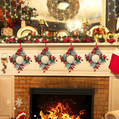 Christmas Candle Rings - Decorative Wreath Garland for 3" Pillar Candles | Red Berry Accents for Holiday Centerpieces