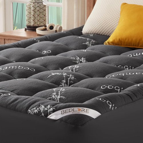 BEDLORE Queen Mattress Topper - Soft Bamboo Viscose Pillow Top for Back Pain Relief | Fits 6-18 Inch Mattresses - Dark Gray