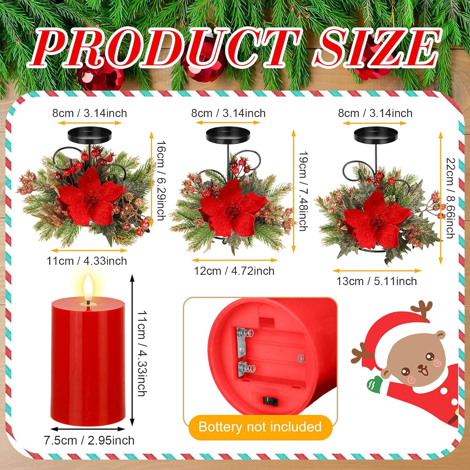 Yunlly Christmas Candle Holder Set - 3 LED Battery-Operated Poinsettia Centerpieces for Home Decor