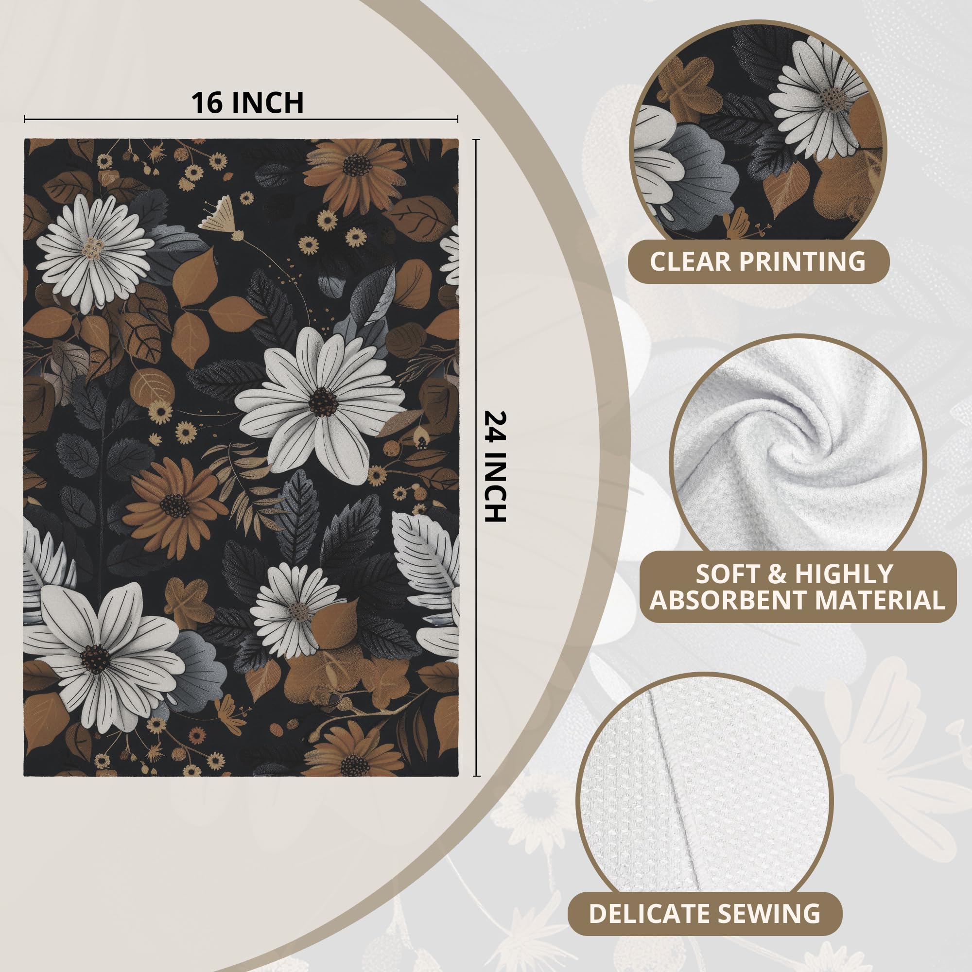 WAITPI Black Boho Kitchen Towels, Floral Dish Hand Towels for Kitchen Bathroom College Students Dorm, Boho Decor Gifts Decorative Bathroom Towel for Women Girls 16x24 Inch
