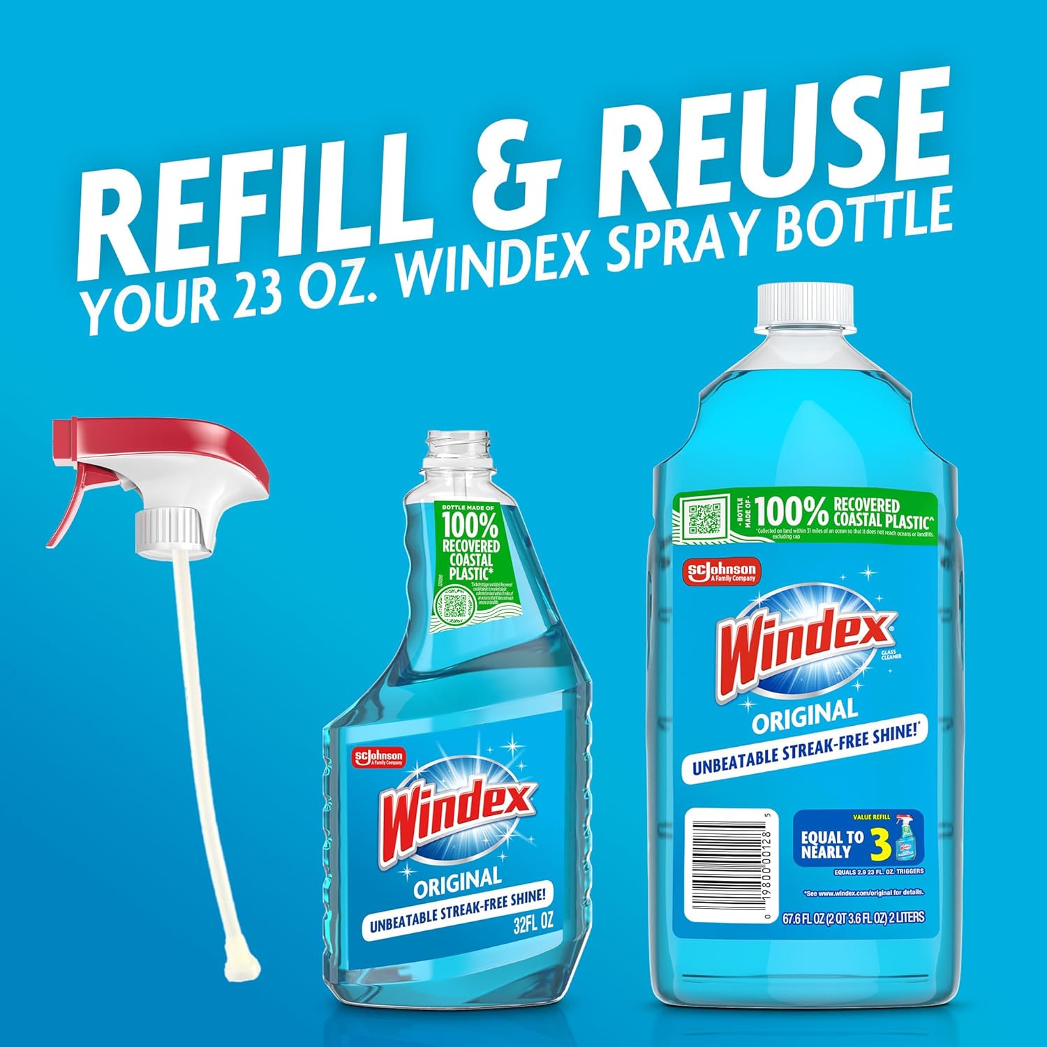 Windex Refill Glass & Window Cleaner - Eco-Friendly 100% Recycled Plastic, Original Blue Scent, 2L (Pack of 6)