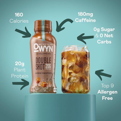 OWYN Only What You Need Double Shot Dairy Free Keto Protein Coffee Shake, Caramel Macchiato, 0g Sugar, 20g Plant Based Protein, 180mg Caffeine, Gluten & Soy Free, Non-GMO, Vegan (12 Pack, 12 Fl Oz)