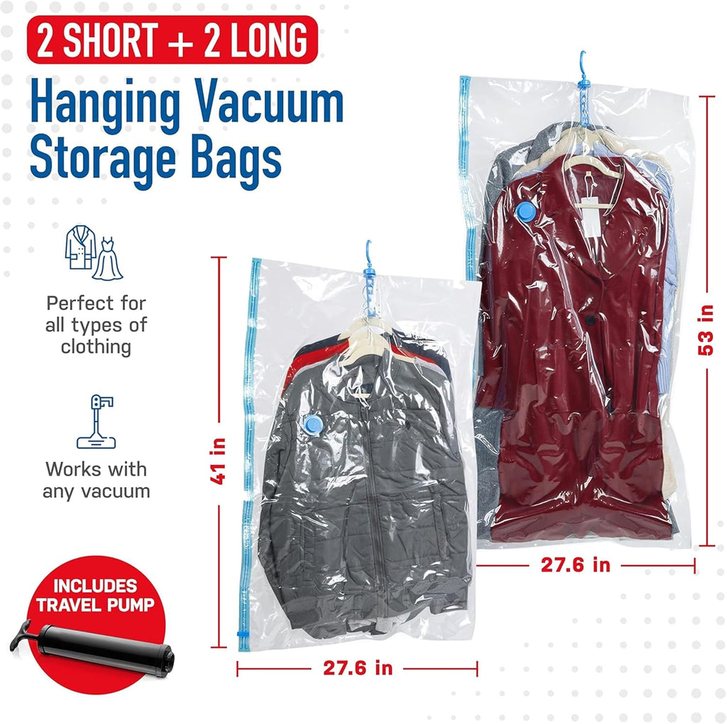Skiennix Vacuum Storage Bags - 4 Pack Compression Bags for Clothes, Jackets & Suits | Space Saver with Hand Pump (2S & 2L)