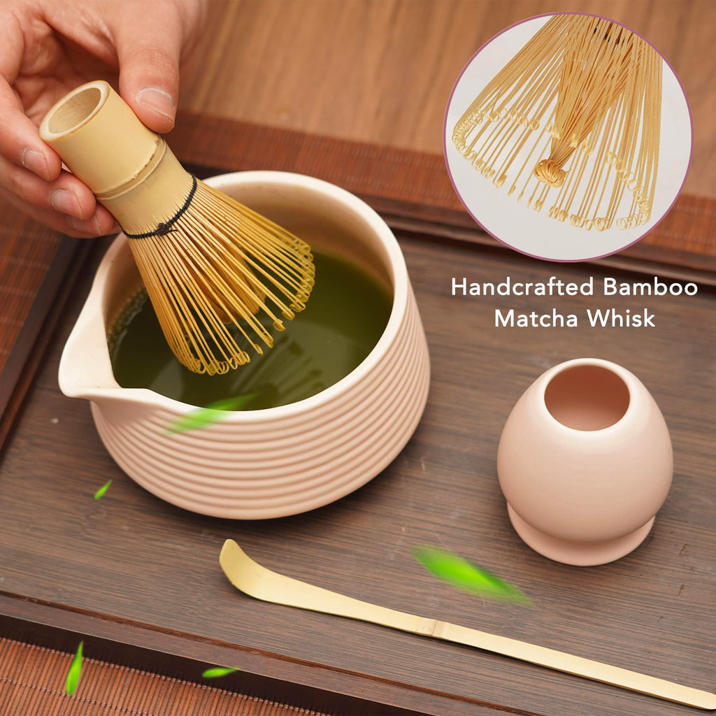 EINZUFUF Matcha Set - 4-Piece Japanese Matcha Whisk Set, Includes Bowl with Spout, Whisk, Scoop & Holder, Ceramic White