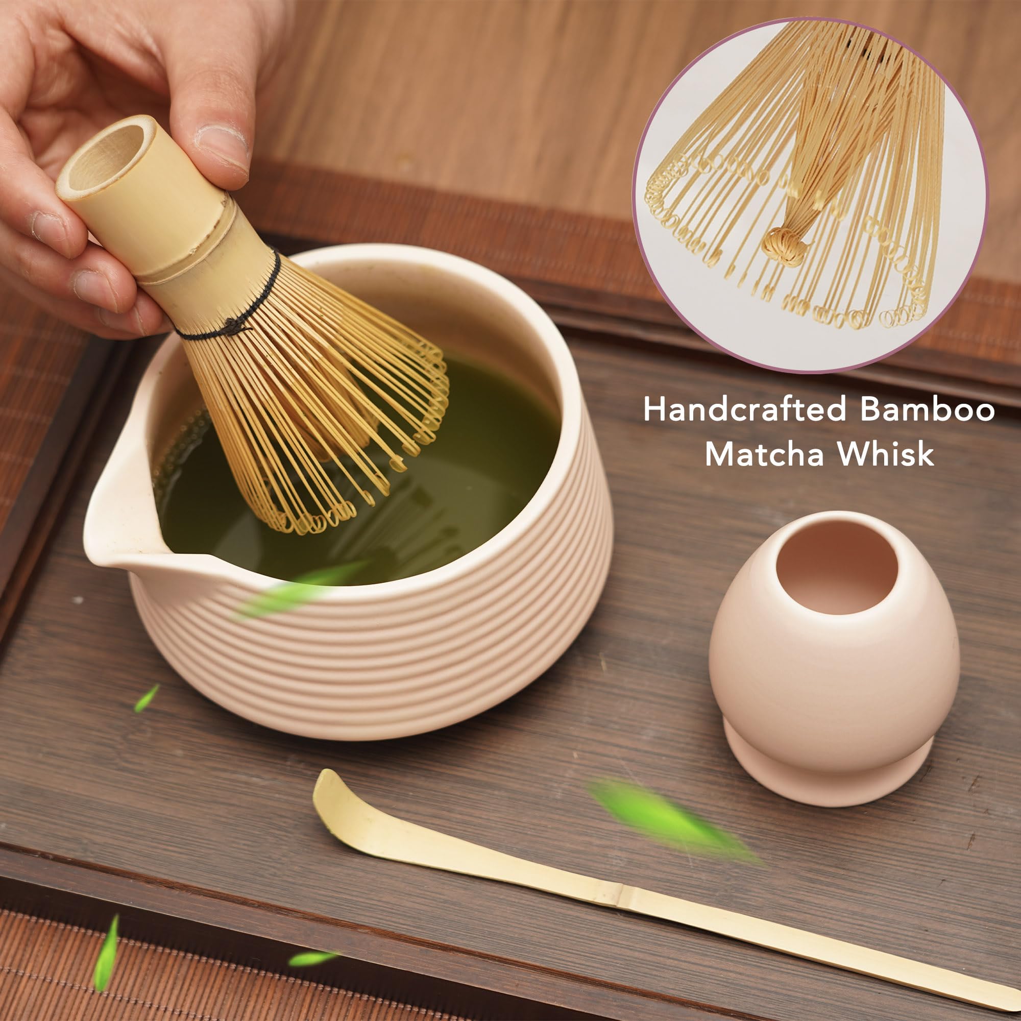 EINZUFUF Matcha Set - 4-Piece Japanese Matcha Whisk Set, Includes Bowl with Spout, Whisk, Scoop & Holder, Ceramic White