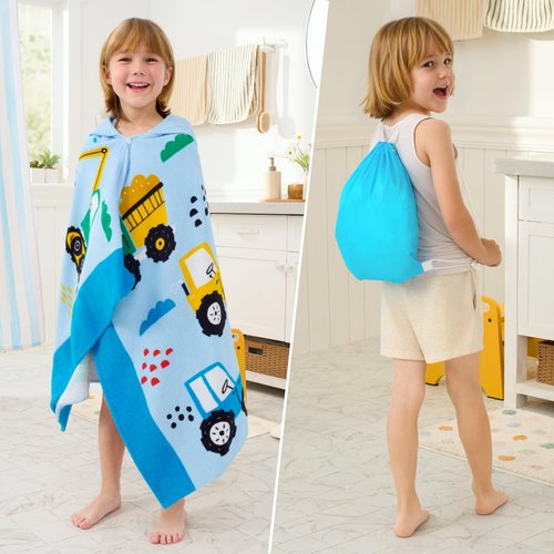 Joiedomi Hooded Towels for Kids Engineering Vehicle Print Soft 100% Cotton Kids Beach Towel 30" x 50" for 3-10 Years Boys Girls Beach Hooded Poncho Absorbent Pool Toddler Swim Bath Wrap