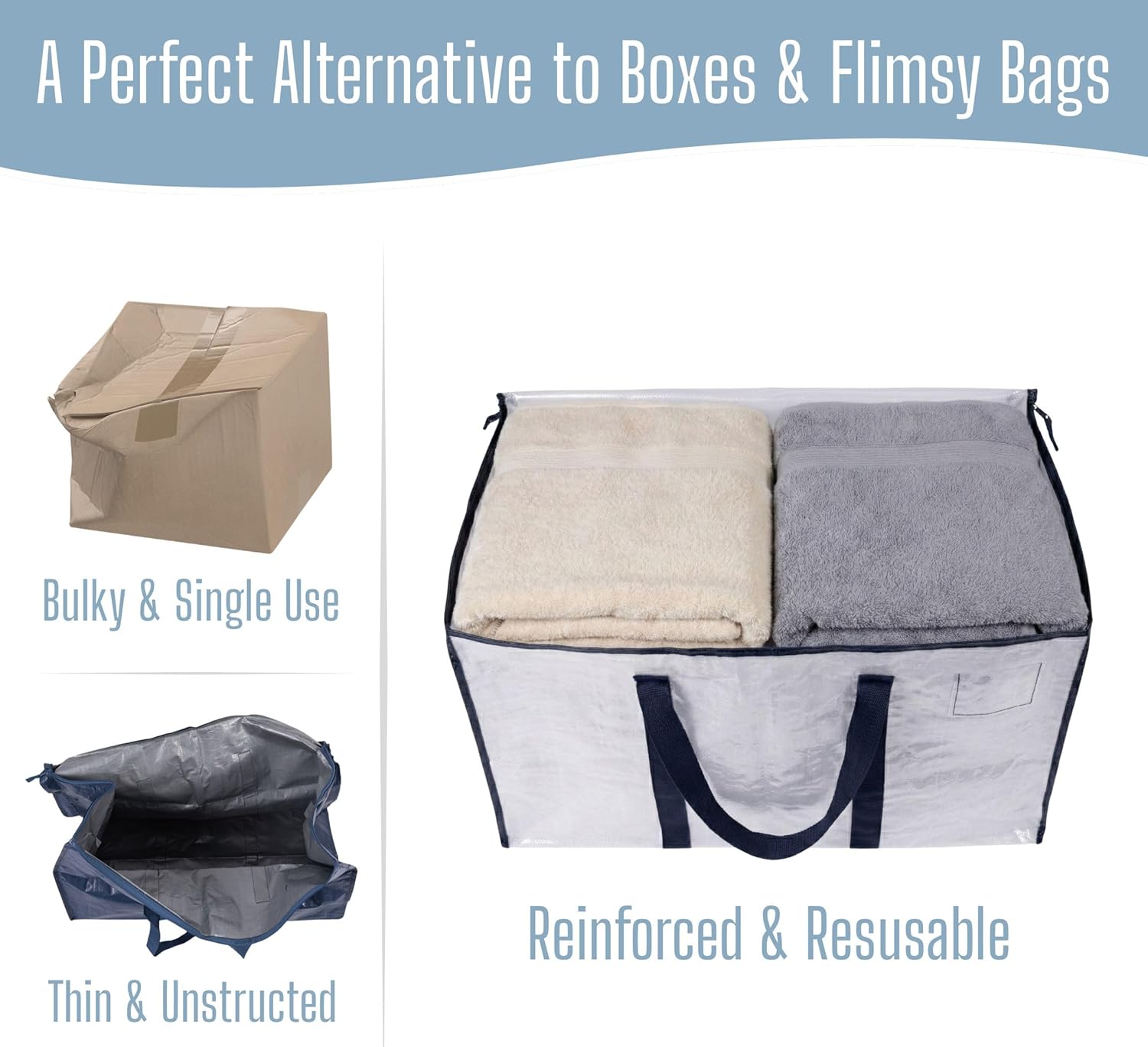 VENO Heavy Duty Moving Bags - Extra Large Storage Solution with Reinforced Handles & Strong Zippers | 10 Pack, Foldable & Reusable