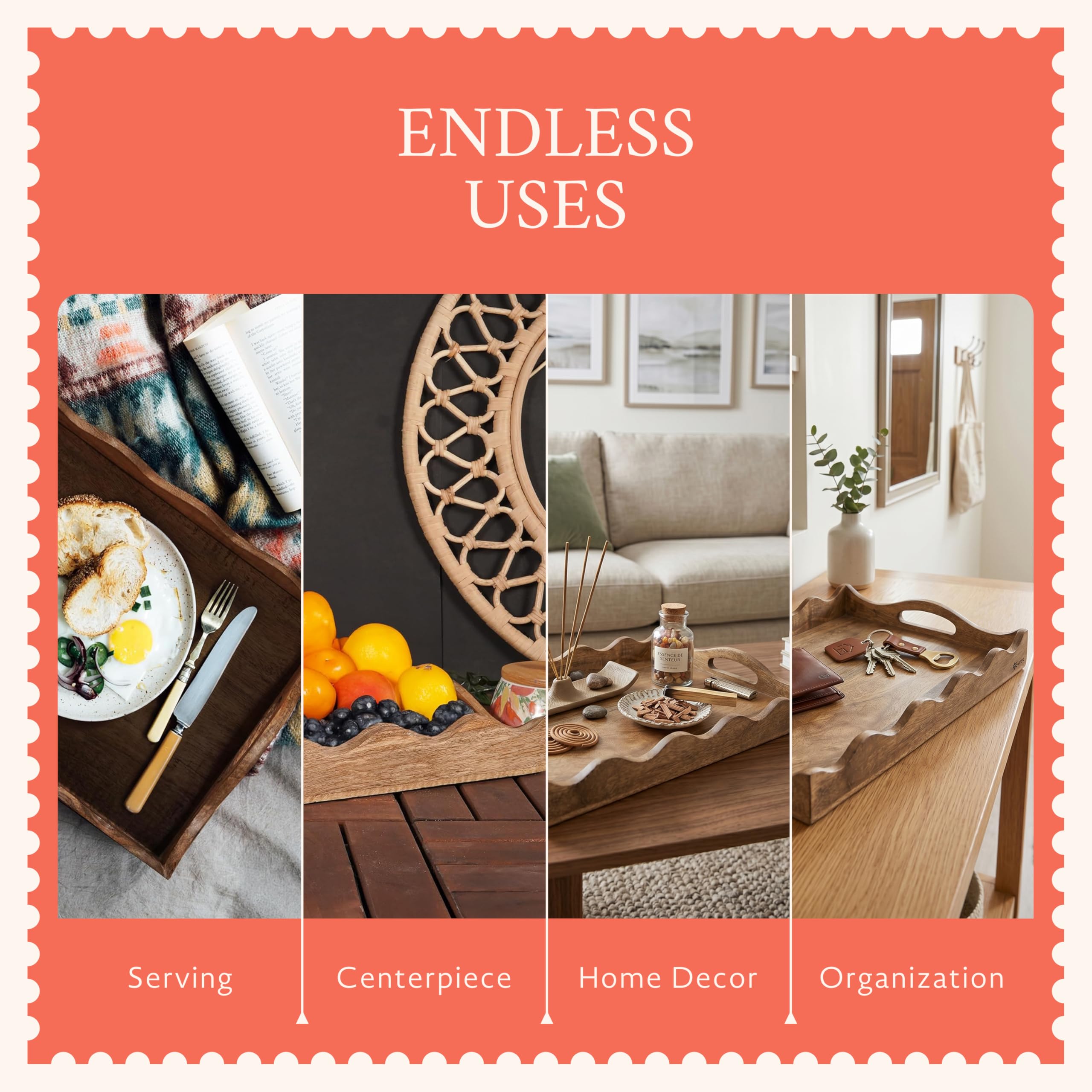 Mela Artisans Wooden Serving Tray with Handles | 12x8x2.5 Mango Wood Decorative Tray | Ottoman Tray | Snacks | Desserts | Breads | Coffee Table | Bedroom | Scalloped Design