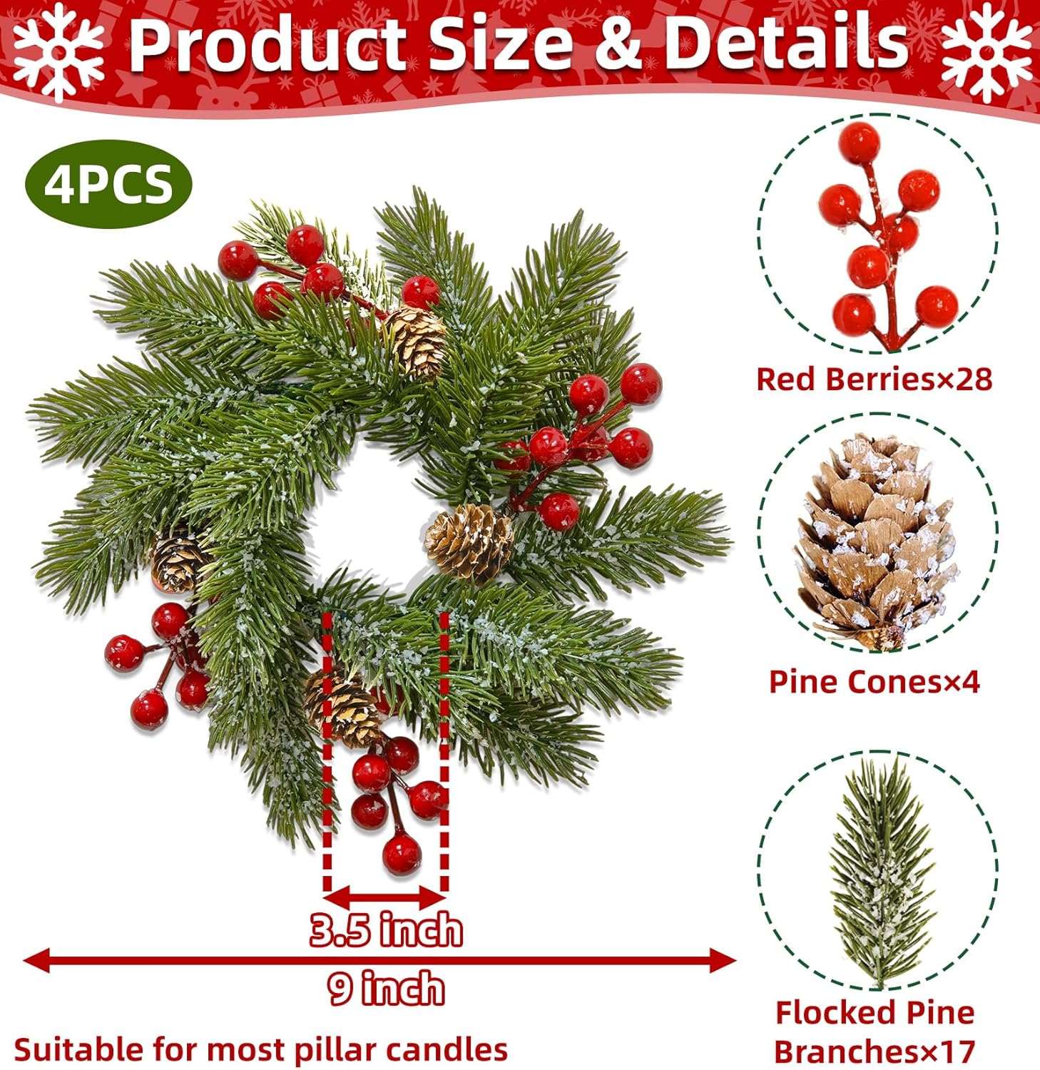 Skiennix Christmas Candle Rings - 4 Pcs Flocked Pine & Red Berry Wreaths for Festive Home Decor