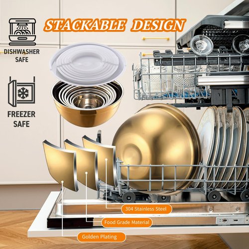 7 Pack Gold Mixing Bowls Set with 5 PCS Kitchen Accessories, Stainless Steel Nesting Mixing Bowls with Airtight Lids, Baking, Prepping and Serving Food, Stackable Size 7,3.6,2.7,2.1,1.5,1.1,0.8QT