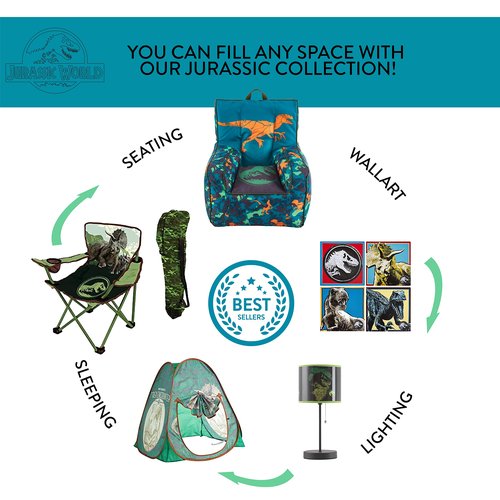 Jurassic World Kids Bean Bag Chair,Blue 18” x 18” Nylon Chair with Piping and Top Carry Handle, Lightweight & Portable Seating for Kids Room