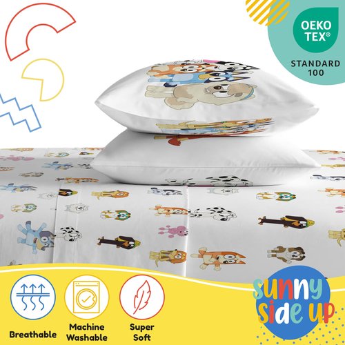 Sunny Side Up Bluey & Friends Full Sheet Set - 4 Piece Kids Bedding Set Includes Pillow Cover - Super Soft Microfiber Sheets