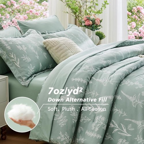 MUXHOMO Queen Comforter Set - 7-Piece Sage Green Reversible Bedding with Botanical Design & Ultra Soft Sheets