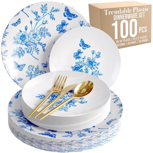 Trendables Fancy Plastic Dinnerware Sets 100 Pc Set 20 Guests Gold Silverware Disposable 20 X 10 Inch Charger Plates 20 X 8 Inch Dessert Plates 20 x Gold Plastic Forks and Spoons Knives In Botanical