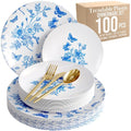 Trendables Fancy Plastic Dinnerware Sets 100 Pc Set 20 Guests Gold Silverware Disposable 20 X 10 Inch Charger Plates 20 X 8 Inch Dessert Plates 20 x Gold Plastic Forks and Spoons Knives In Botanical