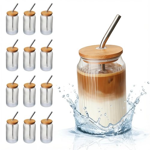 12 Packs Ribbed Glass Tumbler with Lid and Straw 16 oz Cute Ice Coffee Cup Set Bulk Vasos de Vidrio Con Tazas Para Cafe Cocina Accesorios Home Bar Accessories New Home House Warming Gift Kitchen Stuff