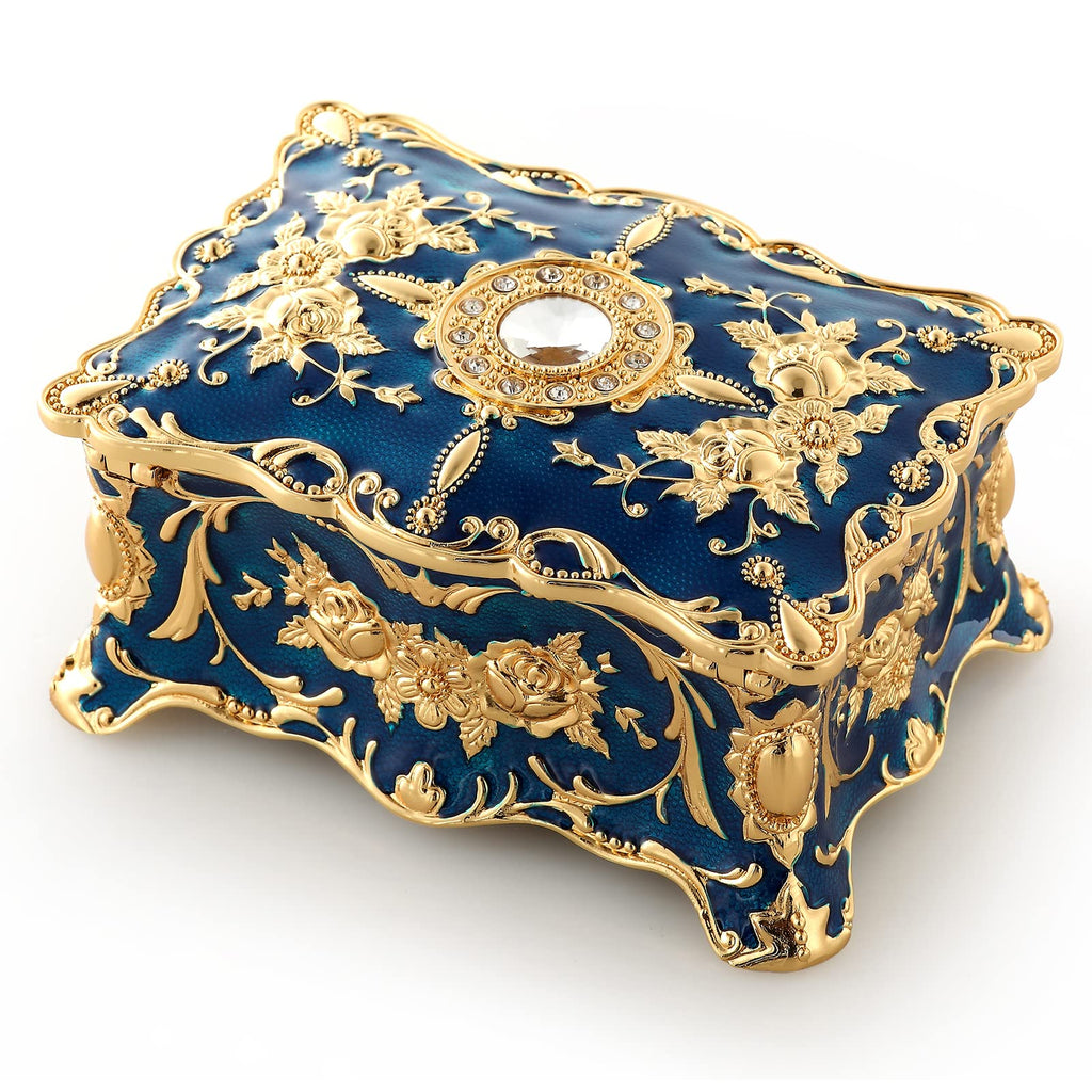 ROSIKING Blue Rectangle Emboss Alloy Metal Music Box Wind Up Antique Jewelry Musical Boxes Christmas Birthday Valentine's Day Gifts Plays Anastasia-Once Upon a December