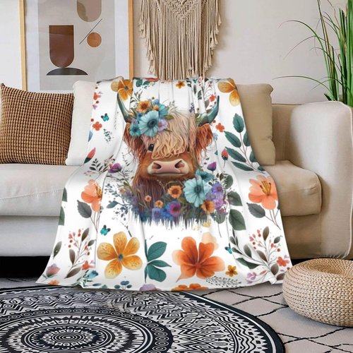 CaomeiWu Highland Cow Blanket, 40"x50" Flannel Cute Highland Cow Themed White Throw, Soft Nap Throw Blanket for Home Boys Girls Women