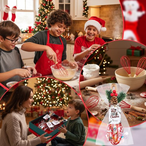 Acellegic 48 Set Christmas Whisks Gifts 10 Inch DIY Fillable Christmas Tree Ornaments Include Silicone Whisk, Greeting Card, Xmas Pine Needles, Plastic Bags, Ropes for Mom Neighbor Cooking Gift
