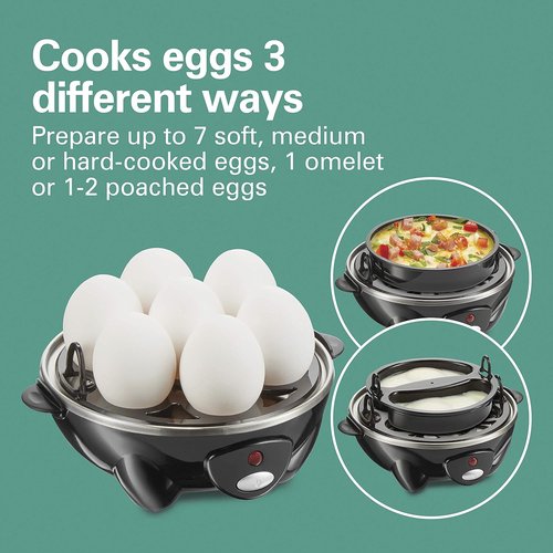 Hamilton Beach 3-in-1 Electric Egg Cooker - Hard Boiled, Poached & Omelet Maker, 7 Egg Capacity, Black