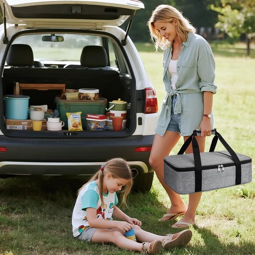 Coobiiya Insulated Casserole Carrier,Lasagna Lugger Tote Keeps Food Hot or Cold,Thermal Lunch Bag Warmer & Cooler Carrier Bag,Portable Tote Bag Fits 9" x 13" Baking Dish for Picnic and Cookouts- Grey