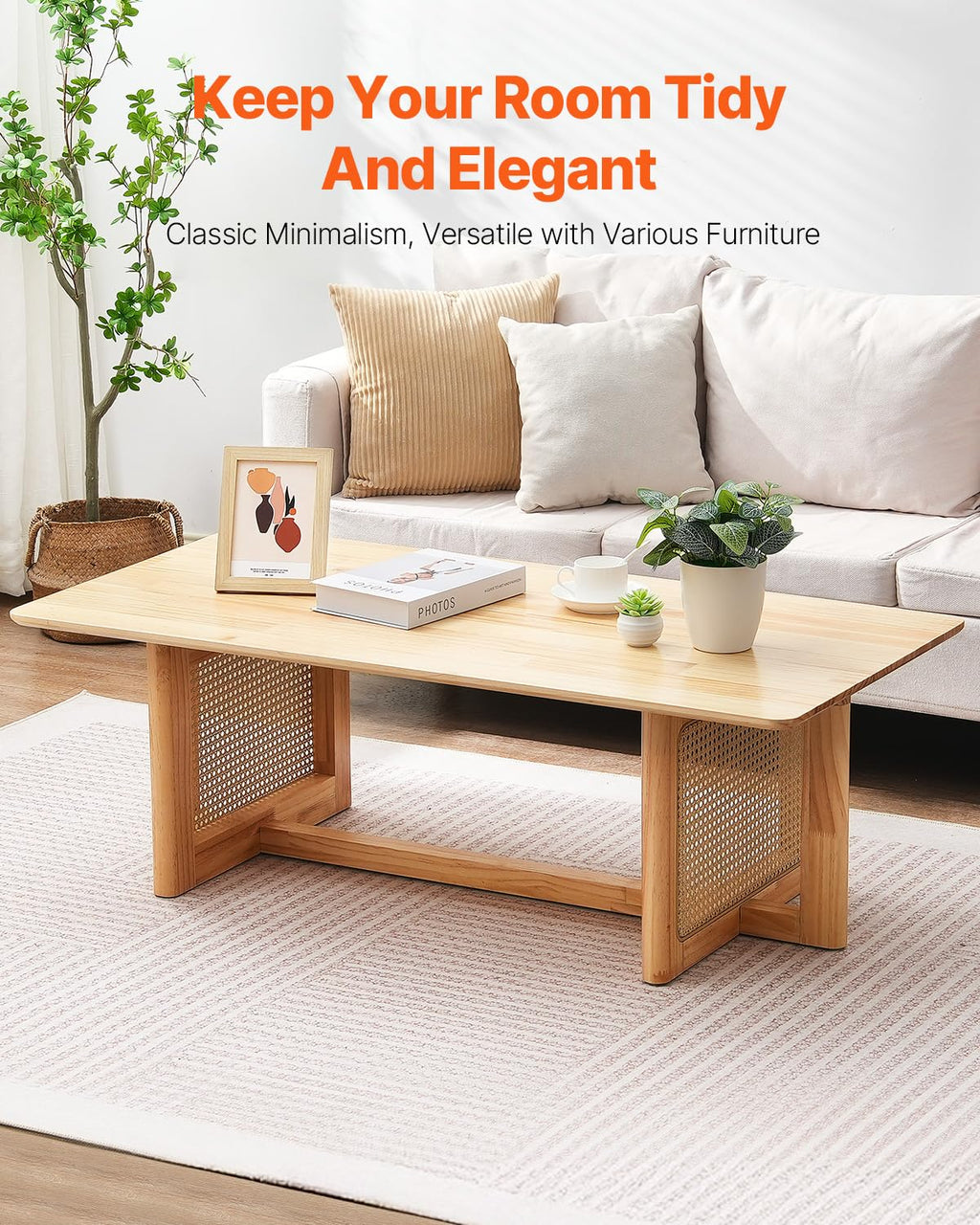 VEVOR Rattan Coffee Table, Rectangle Woven With Rubber Wood Top, 47-Inch Modern Boho Storage Table With Natural Legs, for Living Room, Bedroom & Small Spaces