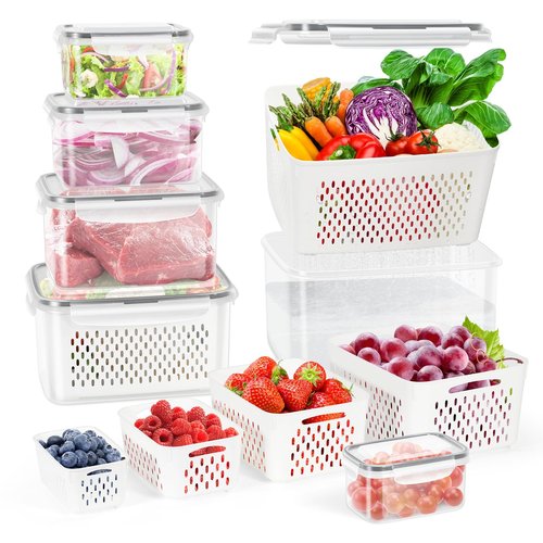 12 Pieces Fruit Storage Containers For Fridge, BPA-Free Fresh Food Containers with Removable Colanders and Airtight Lids, Keep Fresh for Fruit Berry Produce Vegetable, Dishwasher & Microwave Safe
