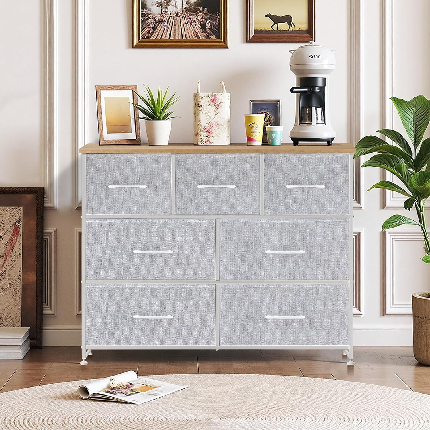 Skiennix 7-Drawer Dresser - Anti-Tip Fabric Storage Organizer with Wooden Top | Light Gray Finish
