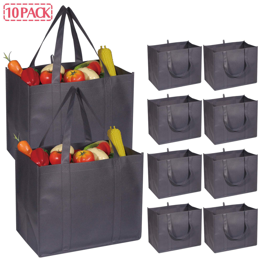 DIOMMELL 10 Pack Reusable Grocery Bags Extra Large Super Strong Heavy Duty Shopping Tote Bags with Reinforced Handles, Grey