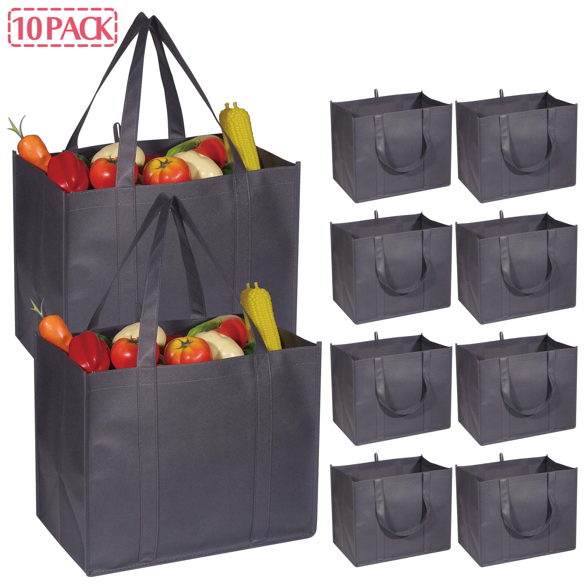 DIOMMELL 10 Pack Reusable Grocery Bags Extra Large Super Strong Heavy Duty Shopping Tote Bags with Reinforced Handles, Grey