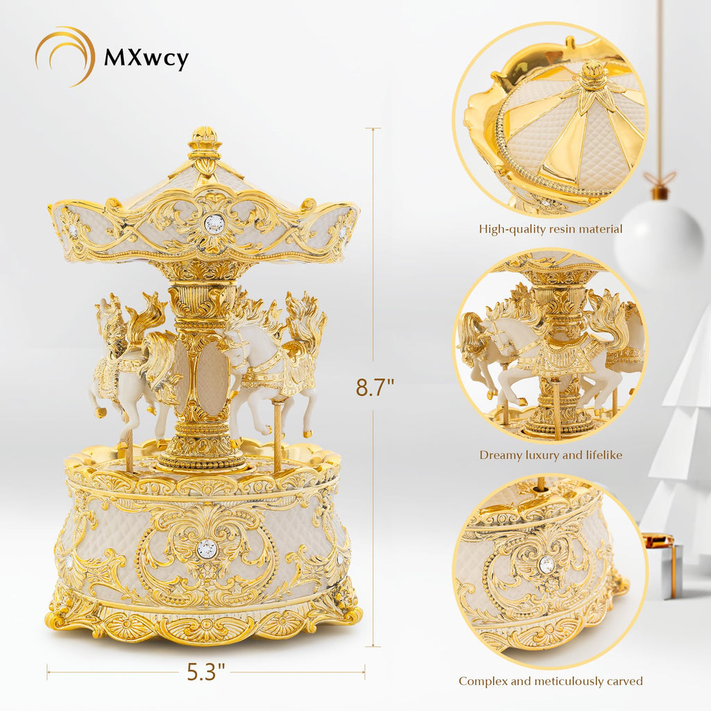 Carousel Music Box Gold & Ivory 8.7" Rotate Christmas Music Box for Kids & Adults, Classic Wind up Cylinder Music Box Valentines Day Gifts for Women Girls Mom Carousel Horse Musical Lantern Home Decor