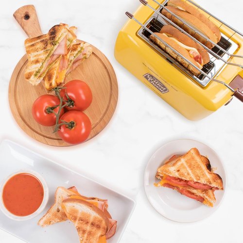 Nostalgia Deluxe Grilled Cheese Sandwich Toaster with Easy-Clean Toasting Baskets - Adjustable Toasting Dial and Extra Wide Slots - Yellow
