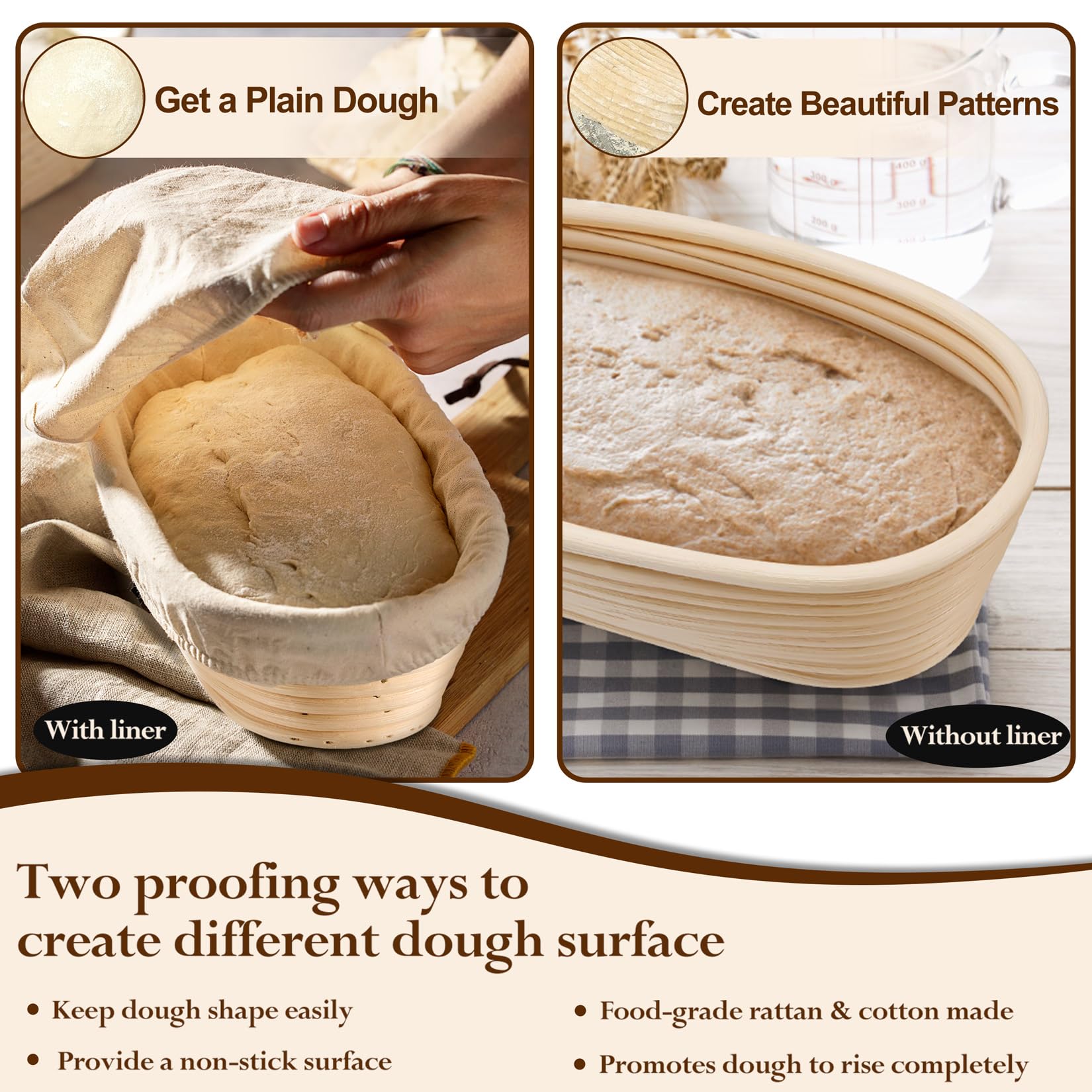 P&P CHEF Sourdough Bread Proofing Basket Set of 2, 10 Inch Oval Dough Proofing Bowls, Sourdough Bread Baking Supplies for Bakers, Handmade Rattan Baskets with Cloth Liner