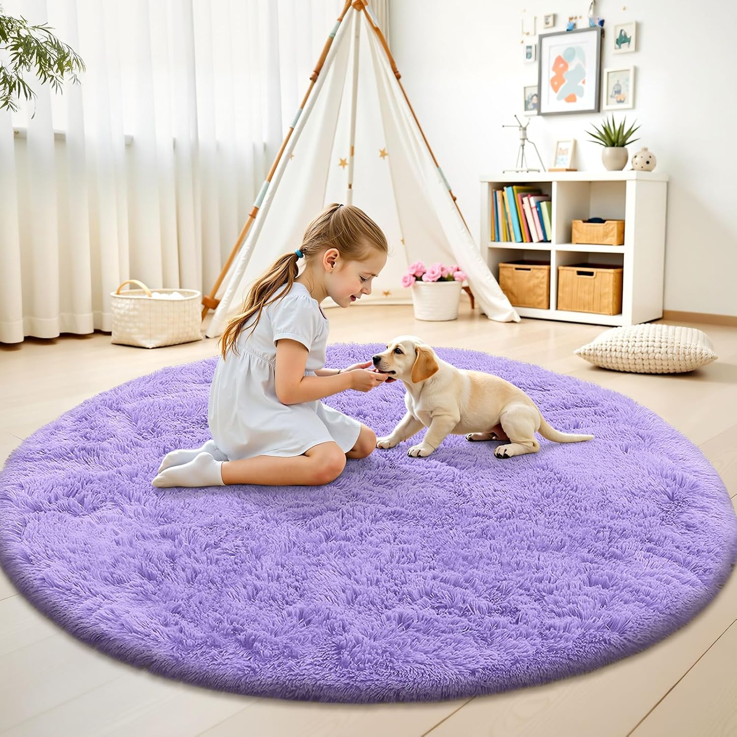 OLANLY Round Light Purple Area Rug - Soft, Fluffy, Machine Washable 9 ft Carpet for Bedroom & Living Room