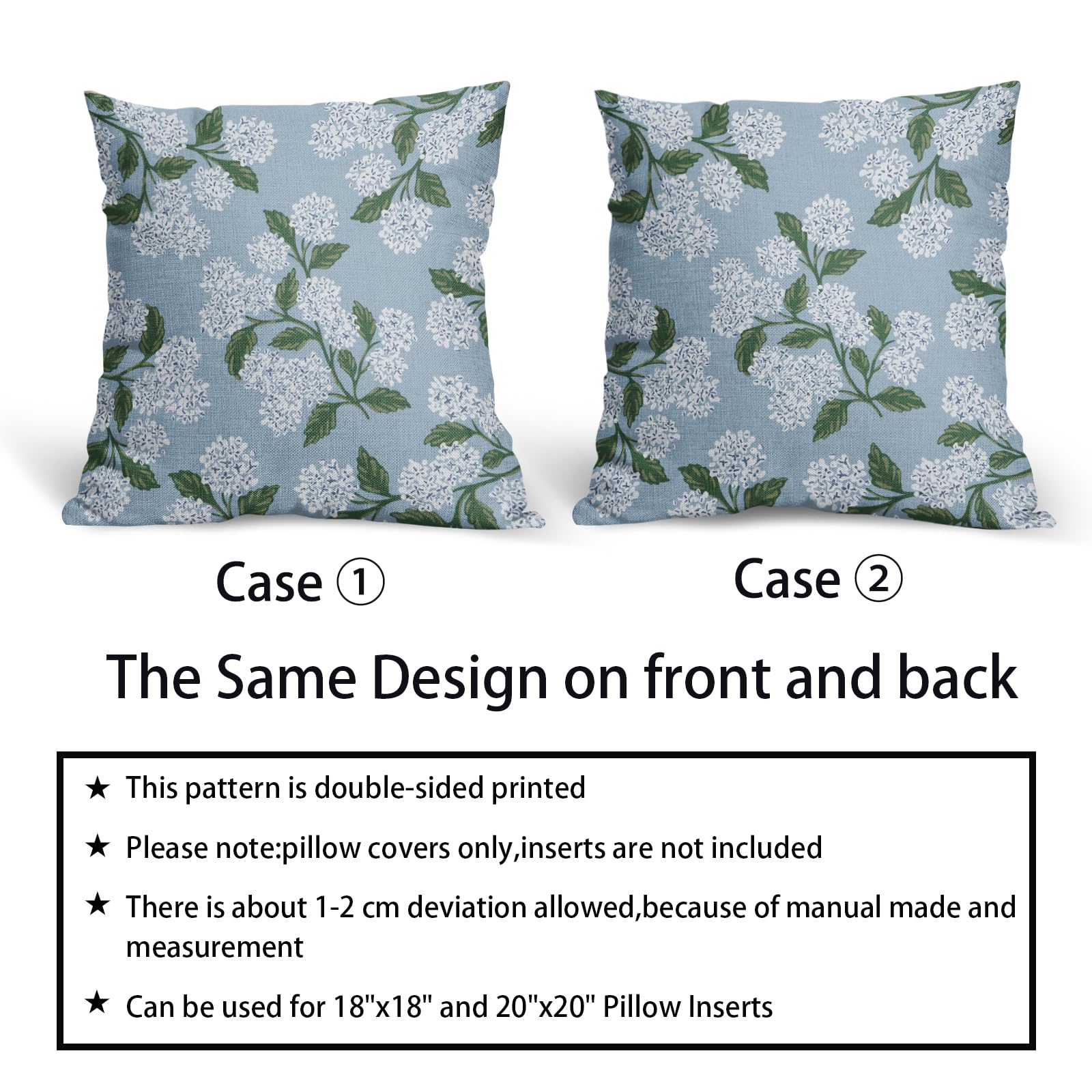 Light Blue Green White Hydrangea Pillow Covers 18x18 Set of 2 Floral Leaves Print Decorative Throw Pillowcases Outdoor Rustic Flower Farmhouse Spring Cushion Cases Decor for Home Couch Sofa Bed